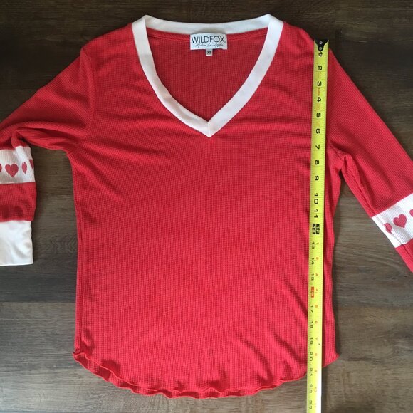 Wildfox Shirt Top Red Graphic Hearts Waffle Knit Thermal V Neck Ruffle Hem XS - Picture 5 of 10